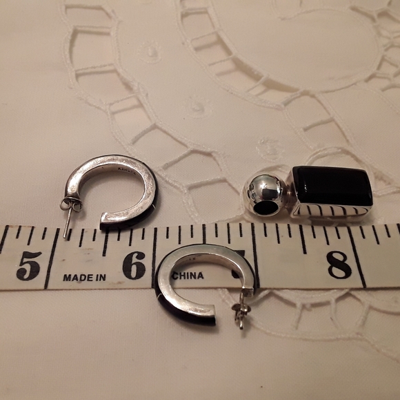 VTG.925 STERLING ONYX SLIDE & ONYX HOOP EARRINGS - Picture 7 of 8